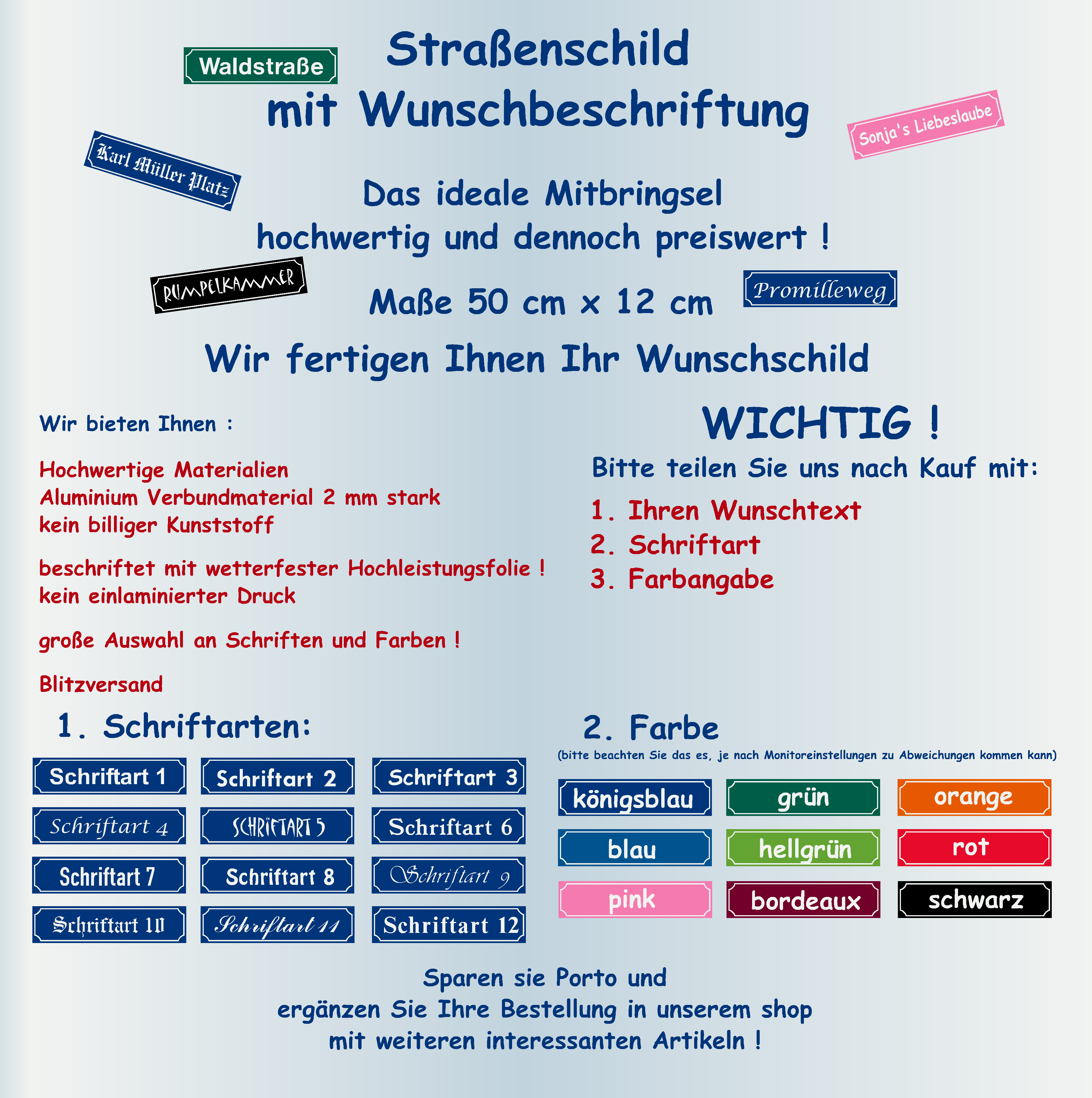 Straßenschild, Namenschild farbig mit freier Textwahl 500 mm x 120 mm